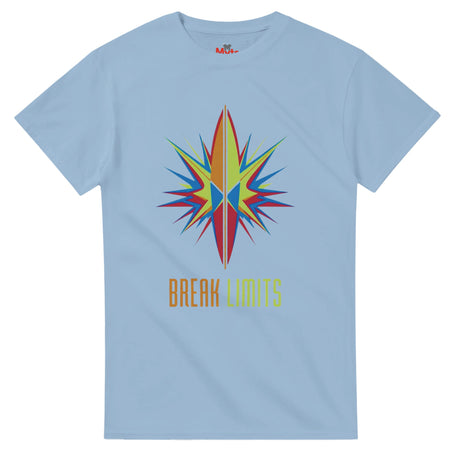 Light blue t-shirt with a colorful star design and 'BREAK LIMITS' text on a white background
