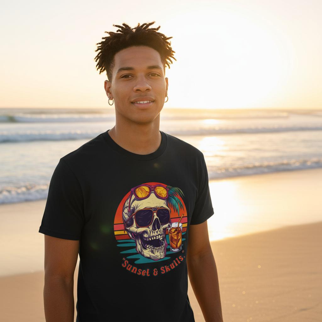 Person wearing a black t-shirt with a colorful skull design on a beach at sunset.