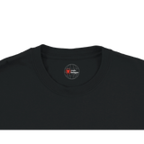 Black t-shirt with a logo on the collar against a white background