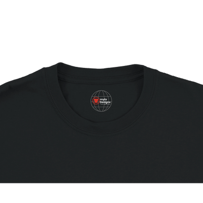 Black t-shirt with a logo on the collar against a white background