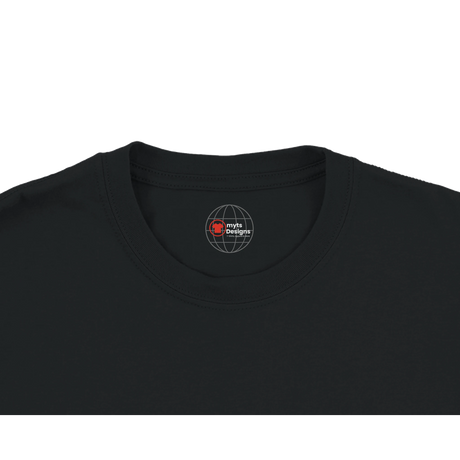 Black t-shirt with a logo on the collar against a white background