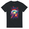 Black t-shirt with a colorful graphic design on a white background