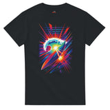 Black t-shirt with a colorful graphic design on a white background