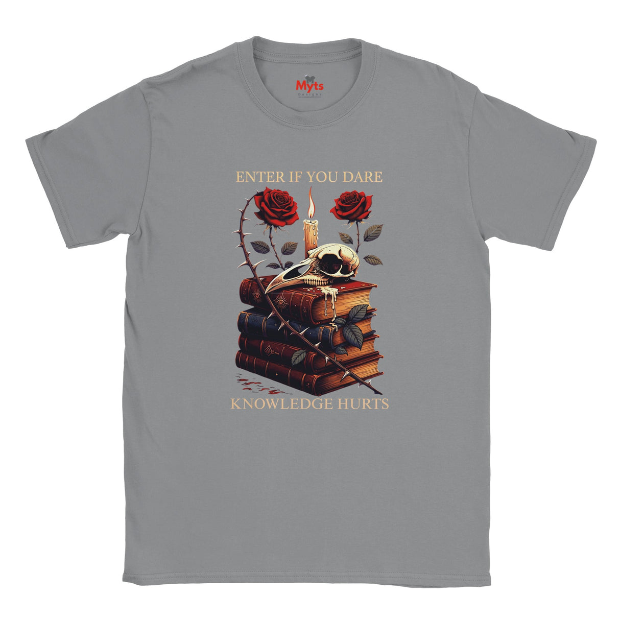 Sports Gray t-shirt with a graphic design of books, skull, roses, and text on a white background