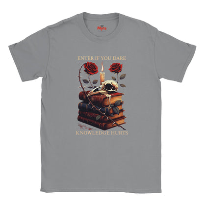 Sports Gray t-shirt with a graphic design of books, skull, roses, and text on a white background