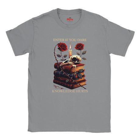 Sports Gray t-shirt with a graphic design of books, skull, roses, and text on a white background