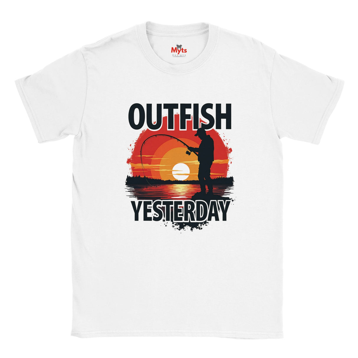 Outfish Yesterday fishing T-shirt with sunset angler silhouette graphic on white unisex tee