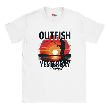 Outfish Yesterday fishing T-shirt with sunset angler silhouette graphic on white unisex tee