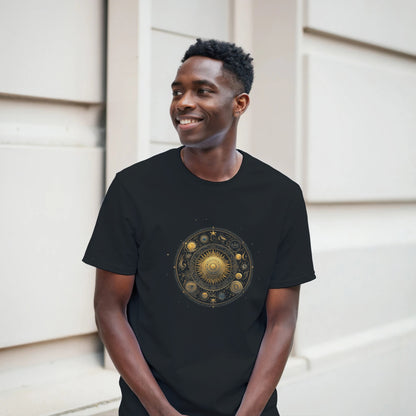 Man wearing a black t-shirt with a gold and bronze circular design, standing against a neutral background.