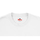 Close-up of a white t-shirt with 'Myts' logo on a white background