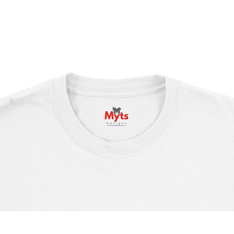 Close-up of a white t-shirt with 'Myts' logo on a white background