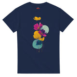 Navy blue t-shirt with colorful floral design on a white background