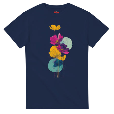 Navy blue t-shirt with colorful floral design on a white background