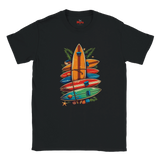 Black t-shirt with colorful surfboard design on a white background