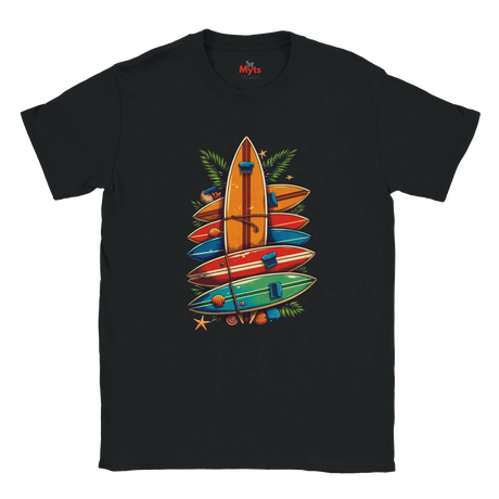 Black t-shirt with colorful surfboard design on a white background