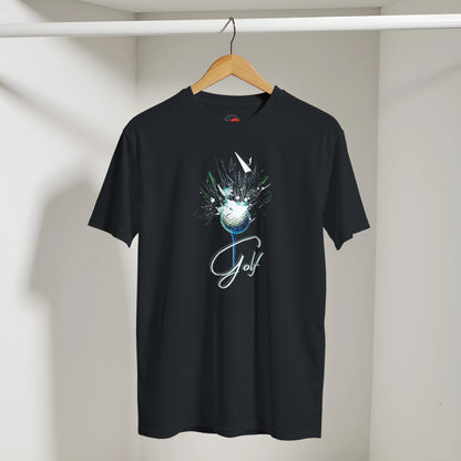 Black t-shirt with graphic design on a hanger against a neutral background