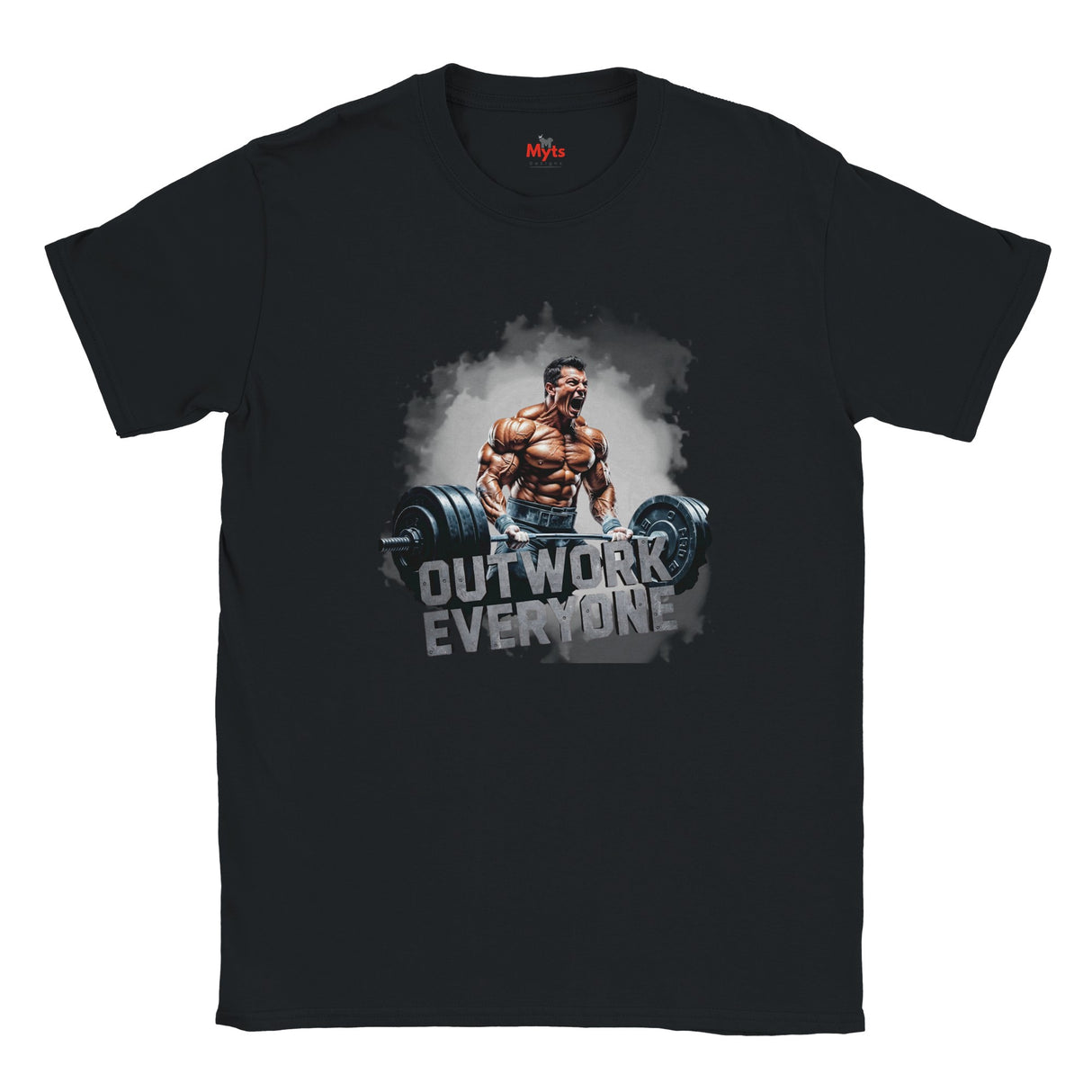 Black t-shirt with a graphic of a muscular man lifting weights and the text 'Outwork Everyone' on a white background.