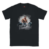 Black t-shirt with a graphic of a muscular man lifting weights and the text 'Outwork Everyone' on a white background.