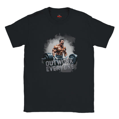 Black t-shirt with a graphic of a muscular man lifting weights and the text 'Outwork Everyone' on a white background.