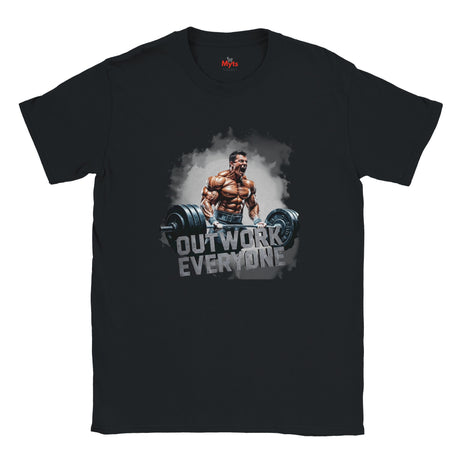 Black t-shirt with a graphic of a muscular man lifting weights and the text 'Outwork Everyone' on a white background.