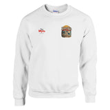 Broken Relic white unisex crewneck sweatshirt with small front surf graphic and large vintage surfboard beach design on back