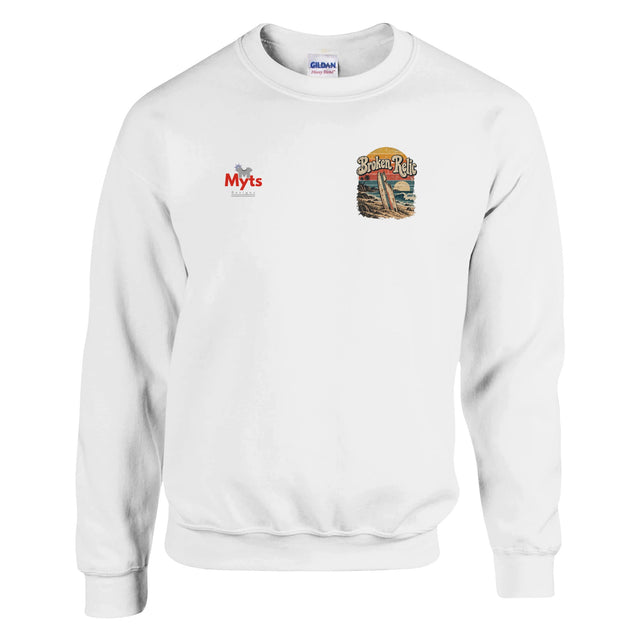 Broken Relic white unisex crewneck sweatshirt with small front surf graphic and large vintage surfboard beach design on back