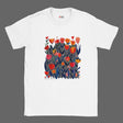 White unisex T‑shirt featuring a minimalist poppy design in vibrant reds, pinks, and greens—with clean lines and botanical elegance—against a white background. Soft cotton tee shown flat for clarity.