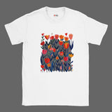 White unisex T‑shirt featuring a minimalist poppy design in vibrant reds, pinks, and greens—with clean lines and botanical elegance—against a white background. Soft cotton tee shown flat for clarity.