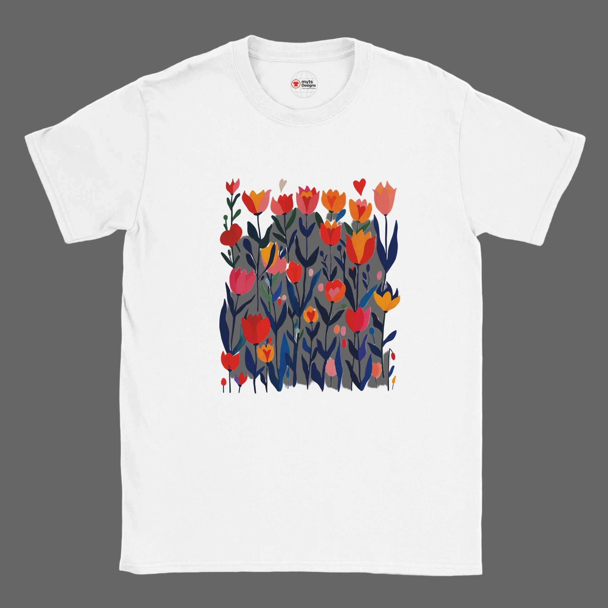 White unisex T‑shirt featuring a minimalist poppy design in vibrant reds, pinks, and greens—with clean lines and botanical elegance—against a white background. Soft cotton tee shown flat for clarity.