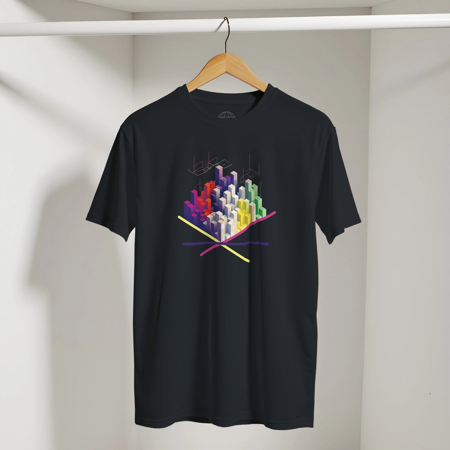 Black t-shirt with colorful graphic design on a hanger against a neutral background