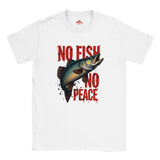 White t-shirt with a fish graphic and 'No Fish No Peace' text on a white background