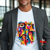 A man wearing a white crewneck t-shirt with a vibrant, multicolored graphic print of stylized faces. He is styled with a dark gray blazer, set against a blurred office background.