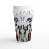 A white tapered pint glass featuring a printed illustration of three stylized greyhounds and the partial text 'my best fri' on the front, shown against a plain white background.