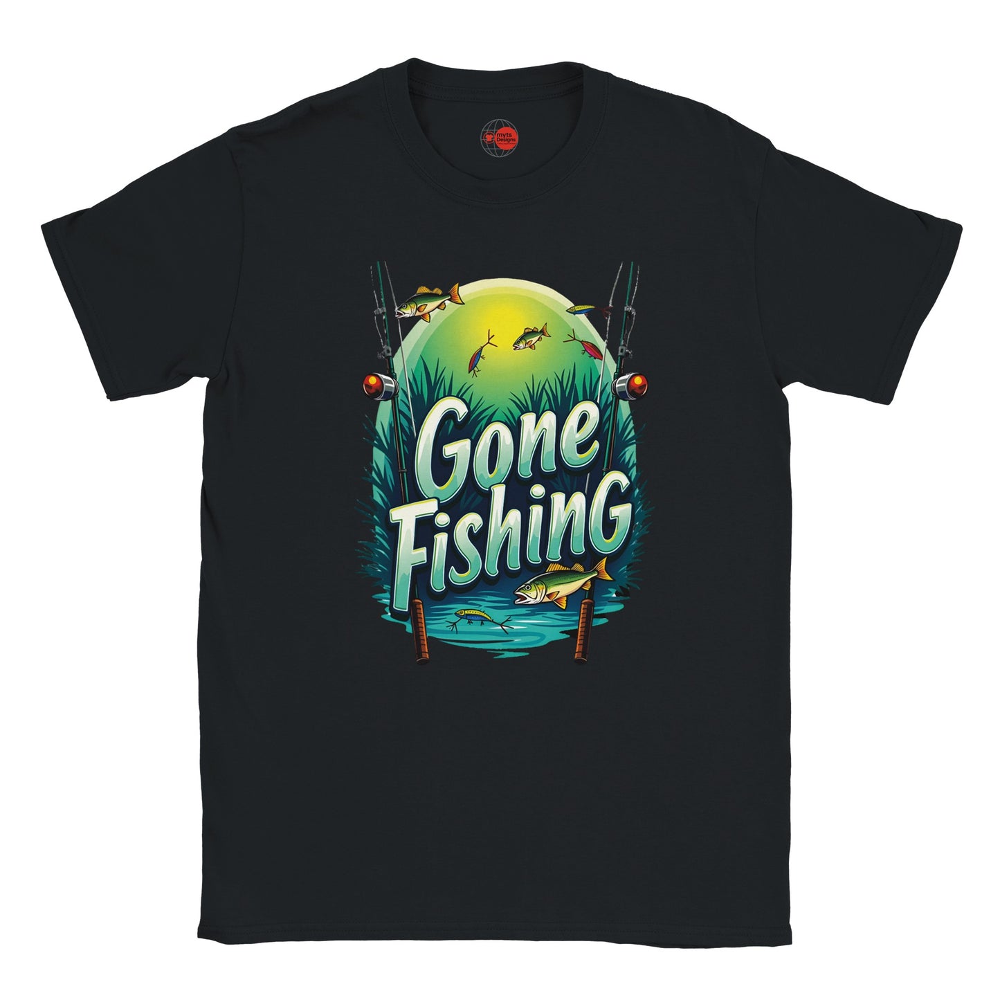 Black t-shirt with 'Gone Fishing' graphic design on a white background