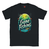 Black t-shirt with 'Gone Fishing' graphic design on a white background