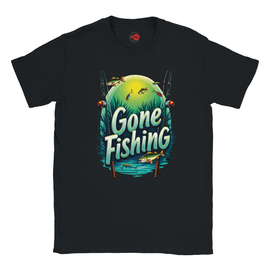 Black t-shirt with 'Gone Fishing' graphic design on a white background