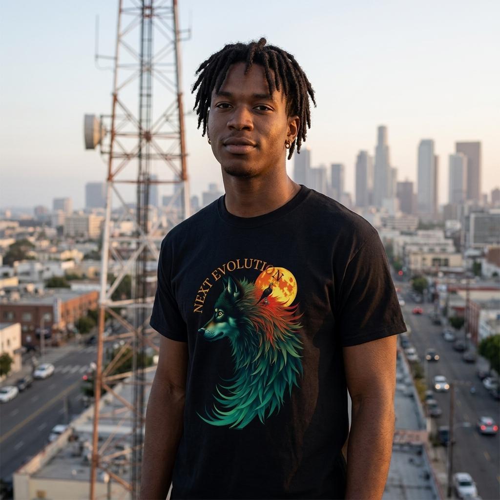 A man wearing a black graphic t-shirt with a colorful wolf and moon design, standing in front of a city skyline at sunset.