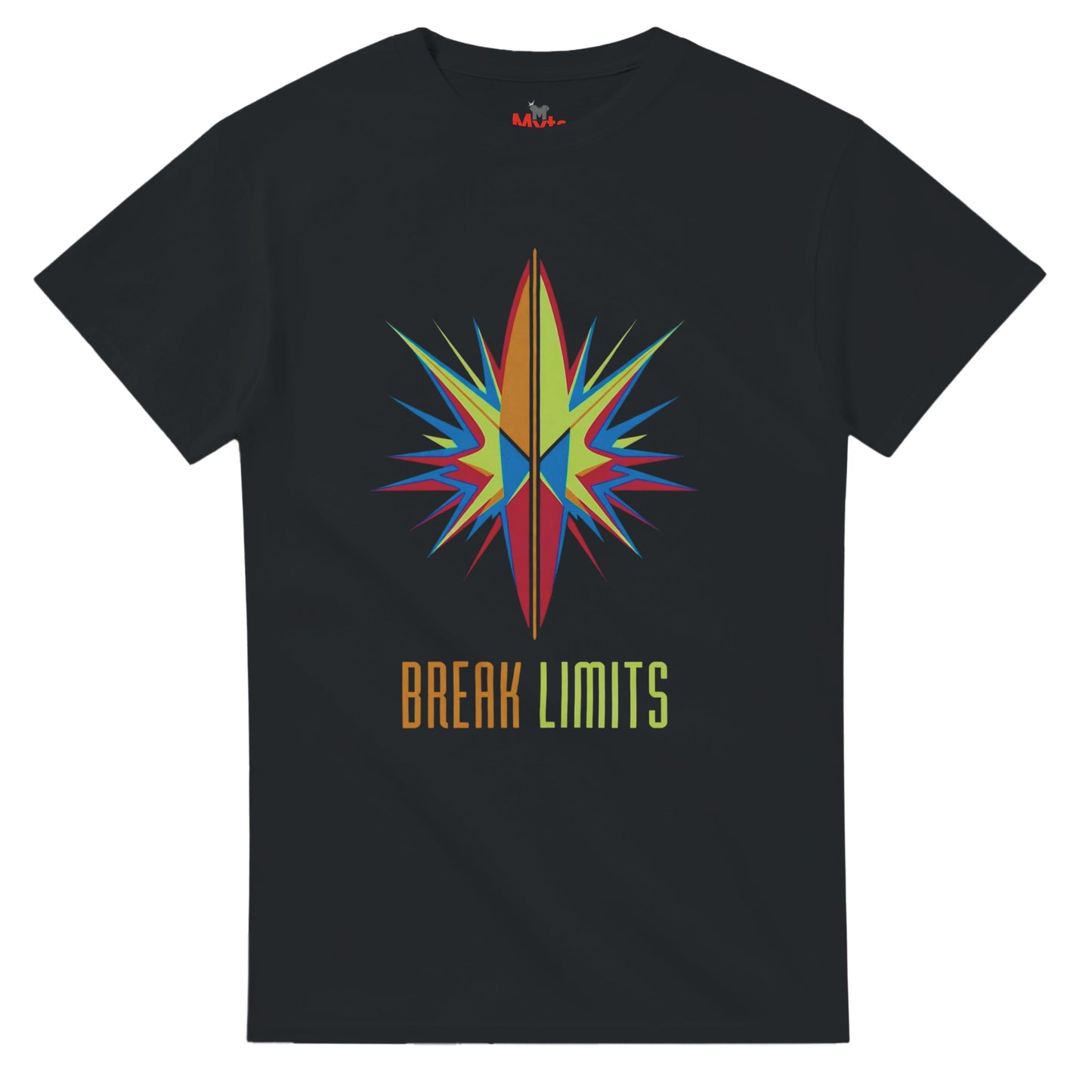 Black t-shirt with a colorful star design and 'Break Limits' text on a white background