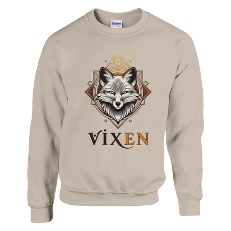 Sand sweatshirt with a fox design and 'Vixen' text on a white background