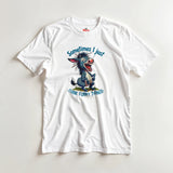 White t-shirt with cartoon donkey graphic and text on a light gray background