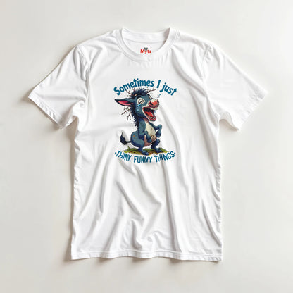 White t-shirt with cartoon donkey graphic and text on a light gray background