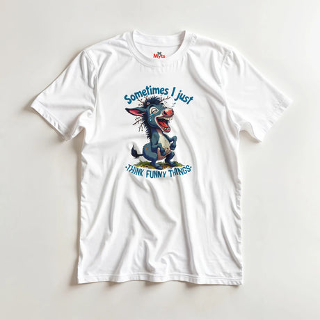 White t-shirt with cartoon donkey graphic and text on a light gray background