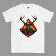 White t-shirt with a graphic of a deer head with antlers and a forest design on a white background
