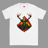White t-shirt with a graphic of a deer head with antlers and a forest design on a white background