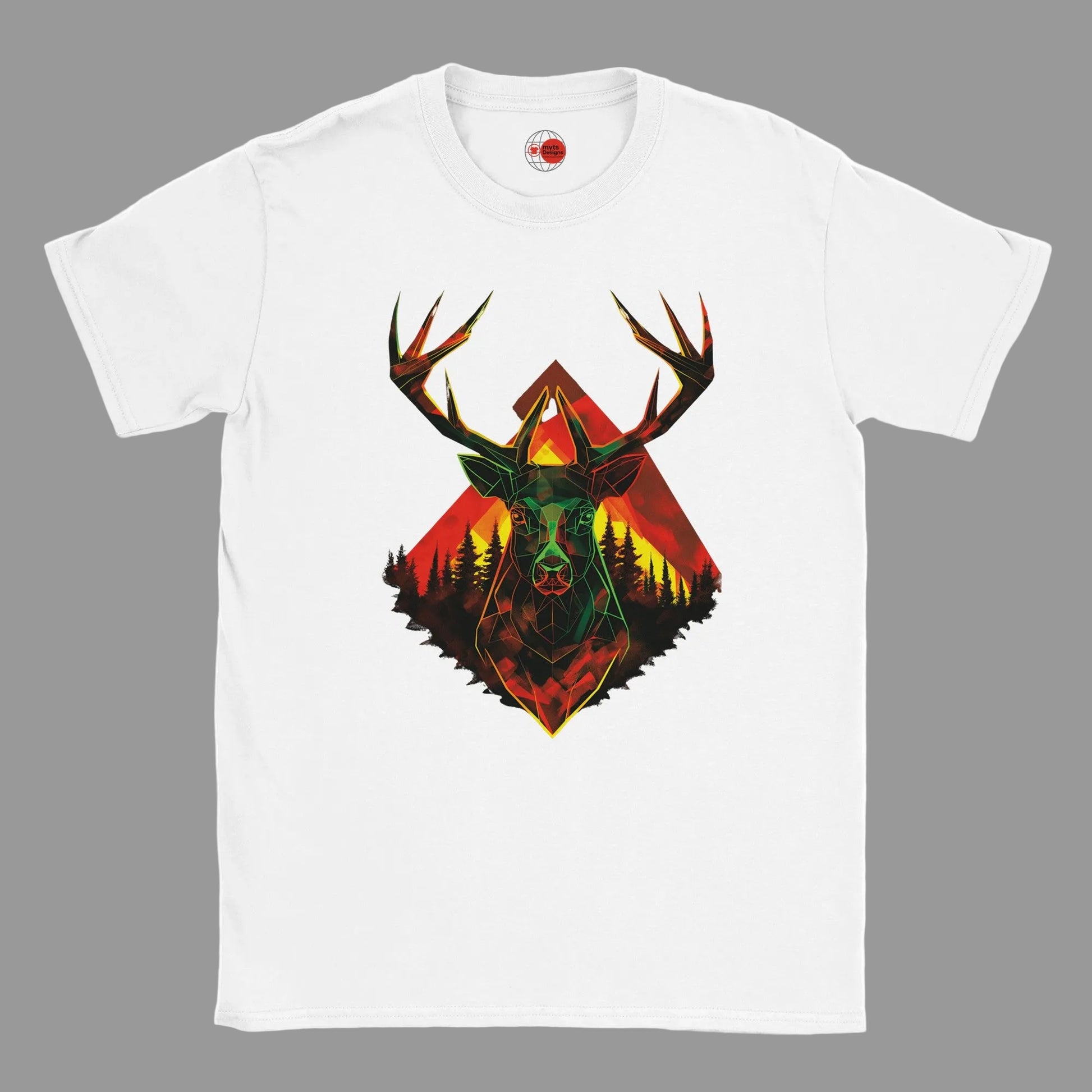 White t-shirt with a graphic of a deer head with antlers and a forest design on a white background