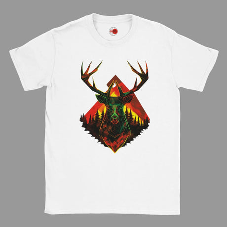 White t-shirt with a graphic of a deer head with antlers and a forest design on a white background