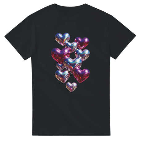 Black t-shirt with colorful heart-shaped balloons design on a white background
