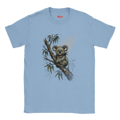 A light blue short-sleeve crewneck t-shirt featuring a detailed graphic print of a koala sitting on a eucalyptus branch. The brand name 'Myts' is printed in red inside the collar.