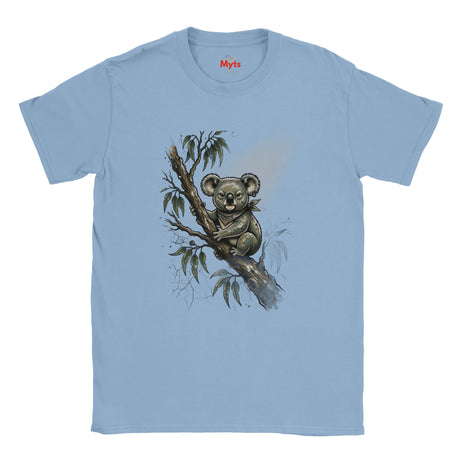 A light blue short-sleeve crewneck t-shirt featuring a detailed graphic print of a koala sitting on a eucalyptus branch. The brand name 'Myts' is printed in red inside the collar.