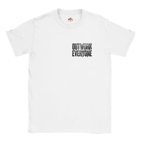 White t-shirt with 'OUTWORK EVERYONE' text on a white background